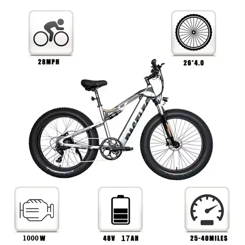 ebike GS9 Off-road Mountain Electric Bike 26-inch Fat Tire Bike 1000W 48V 17AH Hidden Battery Hydraulic Brake E-Bike