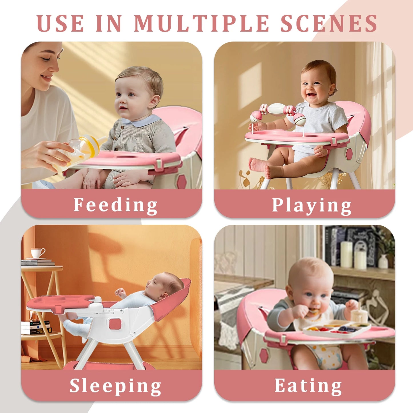 Foldable Baby High Chair 6 Months Plus with Large Antislip Pad & ToyRack Easy to Clean Feeding E500 With Brakeable Wheel
