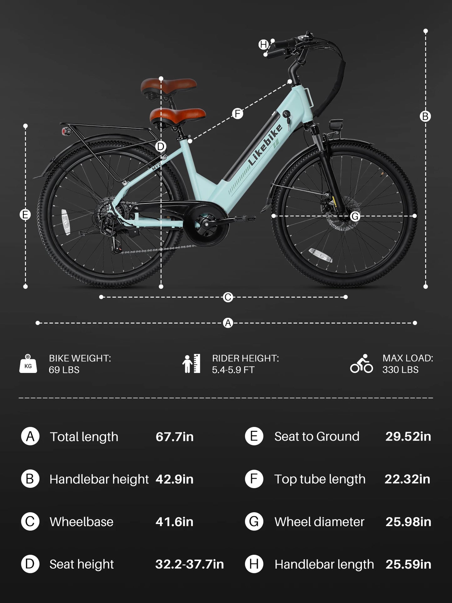 LikeBike MY2 E Bike 1500W Peak Motor 48V15AH Removable Battery Electric Bike Dual Disc Brakes One Year Warranty Electric Bicycle