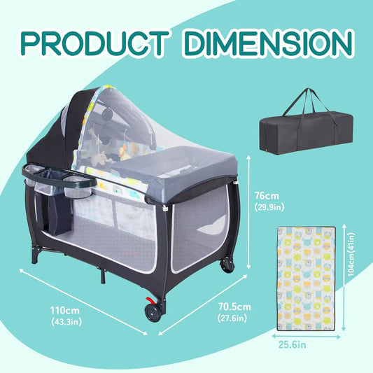 4 in 1 Pack and Play,Portable Baby Crib Deluxe Nursery Center, Foldable Travel Playard with Bassinet,Adjustable Canopy