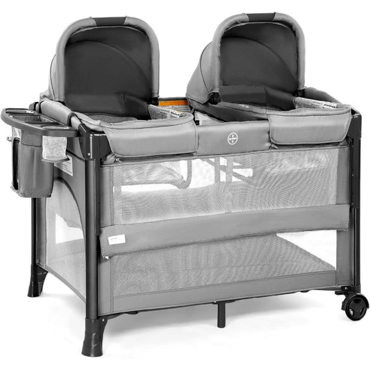 Twin Bassinet for Baby, Bedside Bassinet, Convertible to Bedside Sleeper and Playpen, with Wheel, Brake, Foldable Side Sleeper,