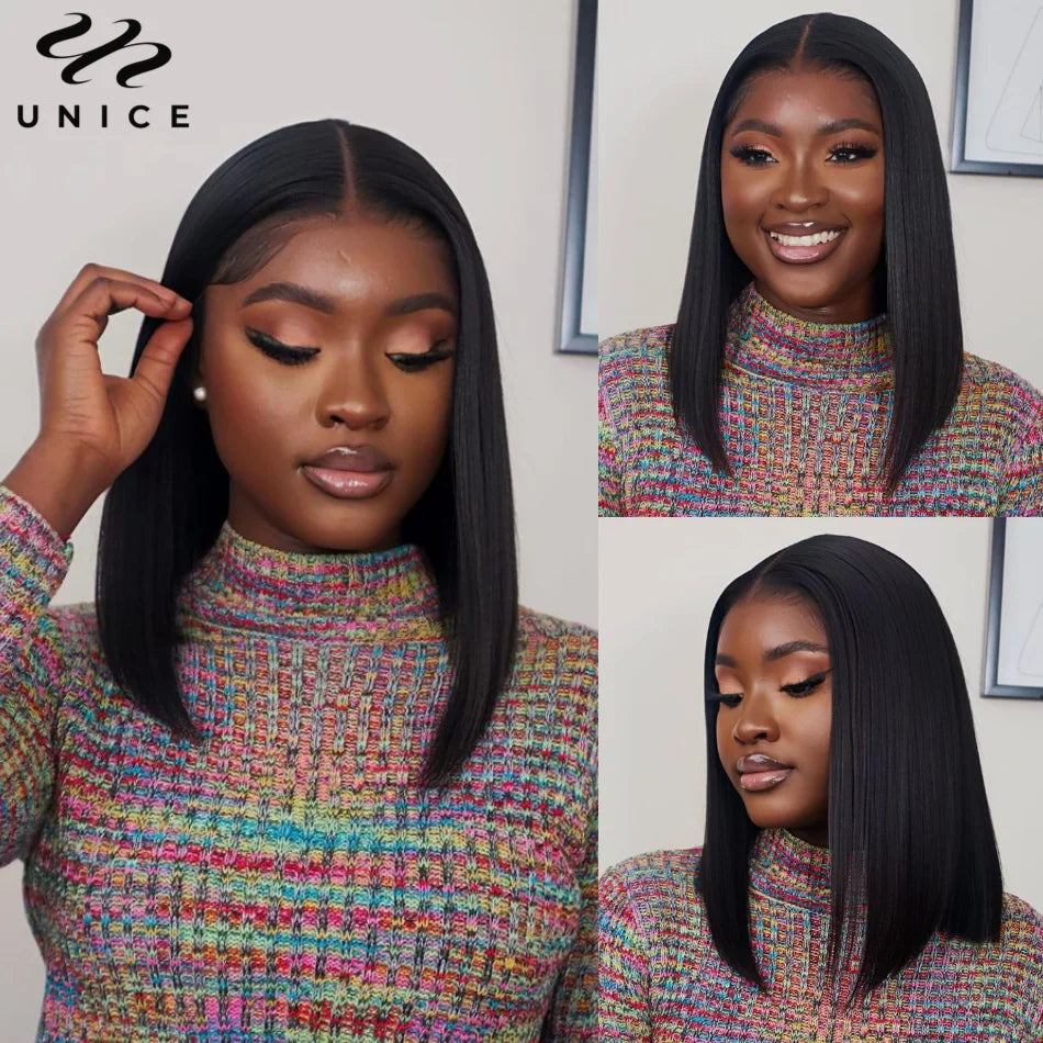 UNice 7x5 Pre Cut Pre Bleached Glueless Wig Human Hair Bone Straight & Yaki Straight Bob Wigs 150% Density