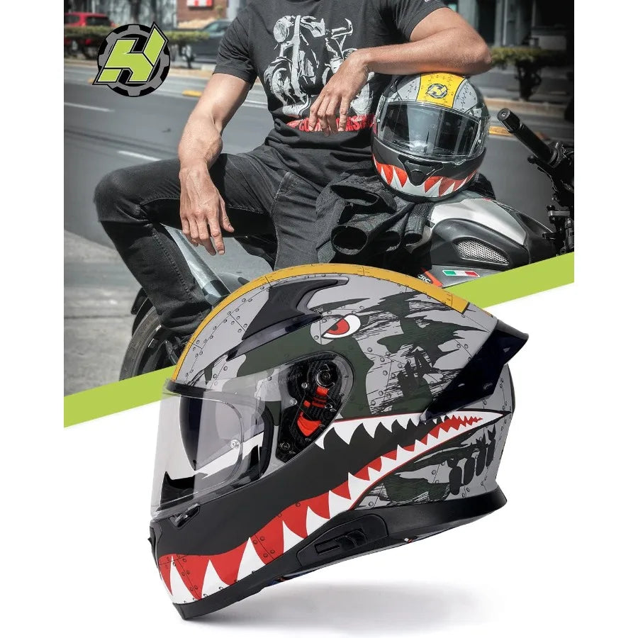 Full face motorcycle helmet designed for adult riders with DOT approval dual rear wing aerodynamics and Pinlockready visor for