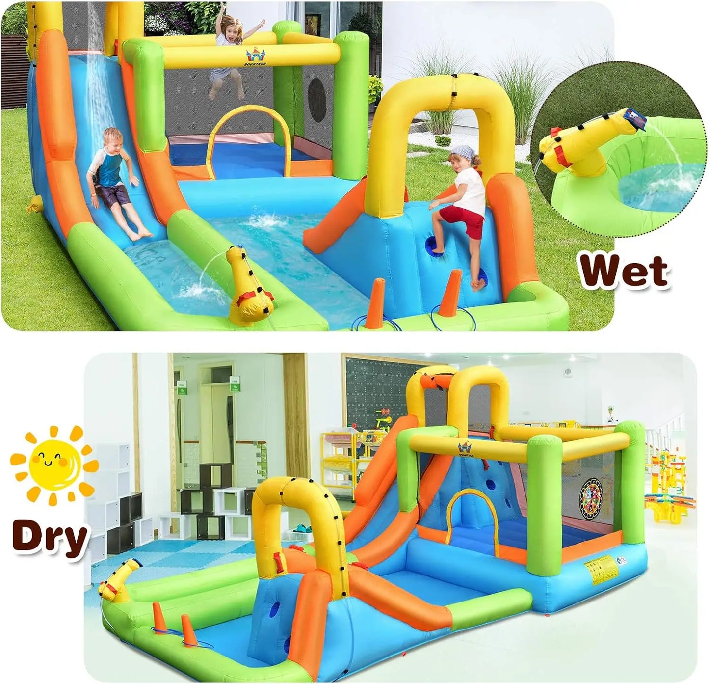 Inflatable Water Slide, 8 in 1 Mega Waterslide Park Bounce House for Outdoor Fun w/950W Blower, Long Slide, Splash Pool, Water S