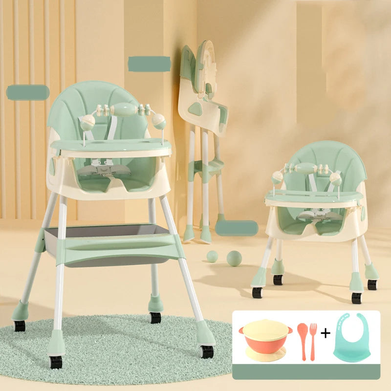 Foldable Baby High Chair 6 Months Plus with Large Antislip Pad & ToyRack Easy to Clean Feeding E500 With Brakeable Wheel