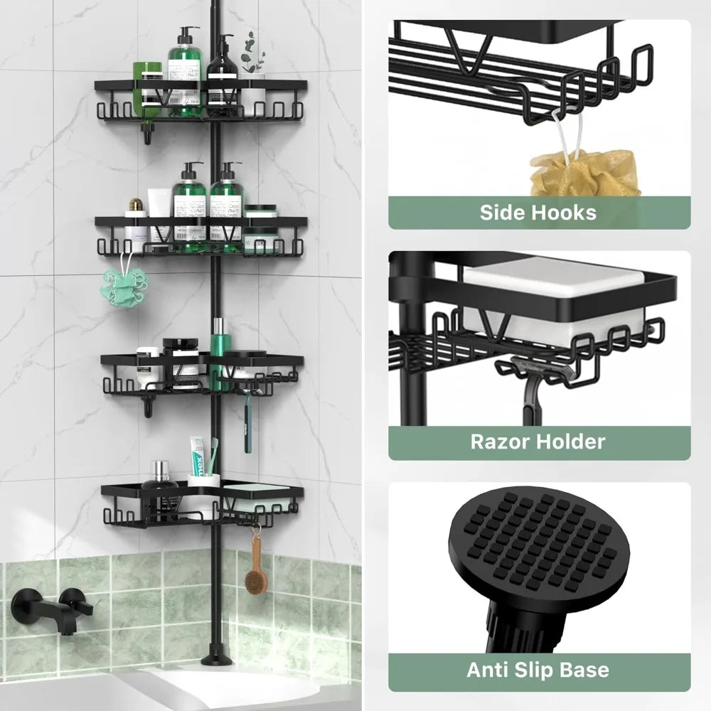 Corner Shower Caddy Tension Pole - 4 Tier Stainless Steel Rustproof Shower Corner Caddy for Bathtub Bathroom Shower Organizer