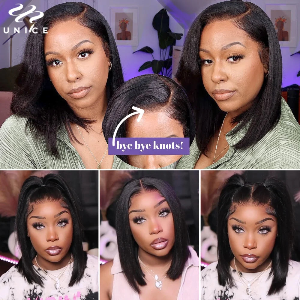 UNice 7x5 Pre Cut Pre Bleached Glueless Wig Human Hair Bone Straight & Yaki Straight Bob Wigs 150% Density