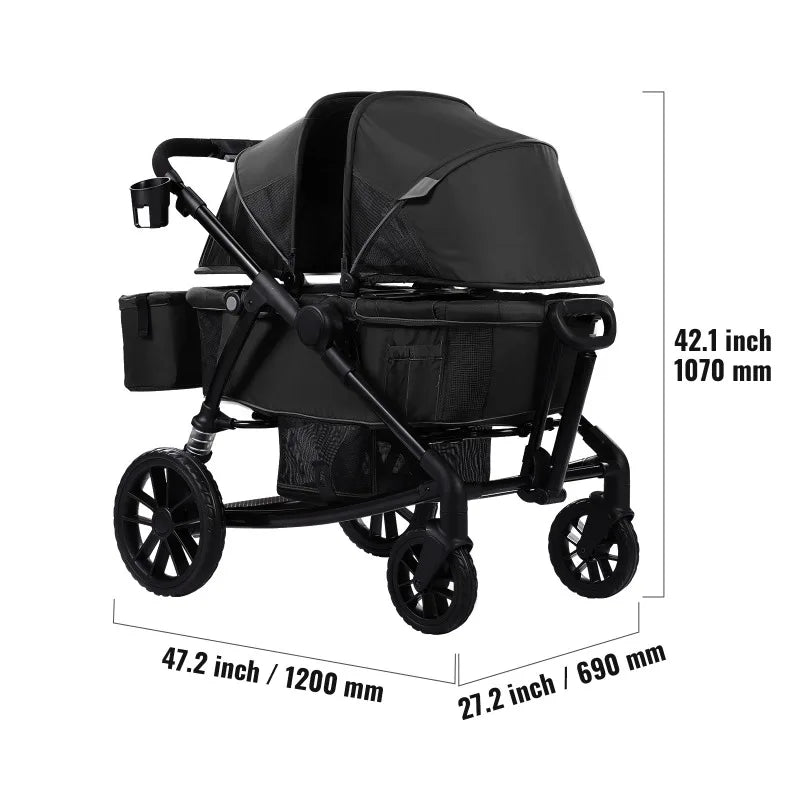 All-Terrain Stroller Wagon, 2 Seats Foldable Expedition 2-in-1 Collapsible Wagon Stroller, Includes Canopy, Parent Organizer