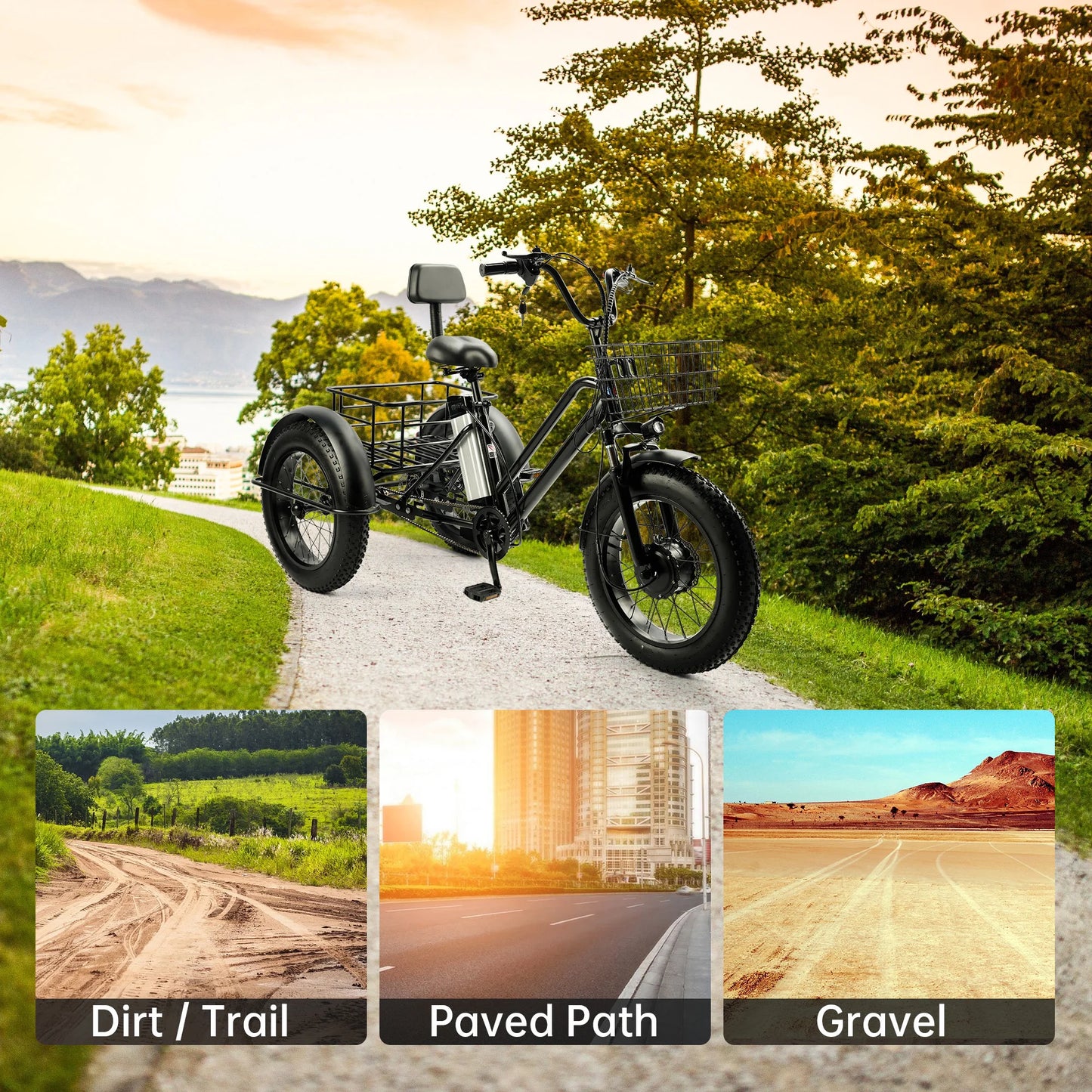 Areyourshop Electric Tricycle with Seat, 500W 48V 13A Electric Snow Bike, 3 Wheel Fat Tire E-bike Tricycle for Farmers Market