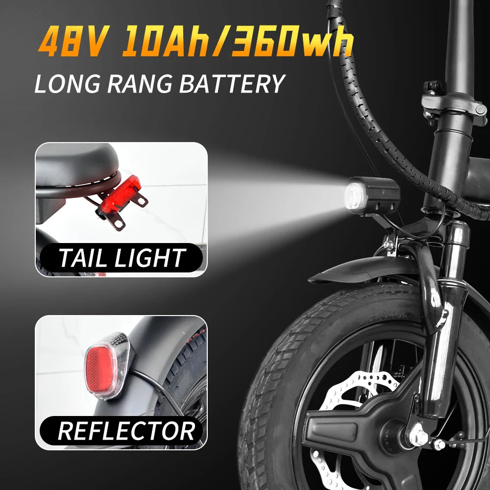 DEEPOWER Electric Bike for Adult 600W Peak Motor, 21MPH Folding Ebike, 14" Electric Bicycles, 3 Levels Assist, Multi-Shock Ebike