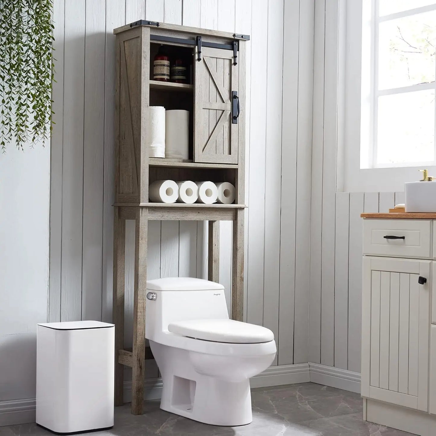 Over The Toilet Storage Cabinet, Farmhouse Storage Cabinet Over Toilet with Sliding Barn Door & Adjustable Shelves, Home Space