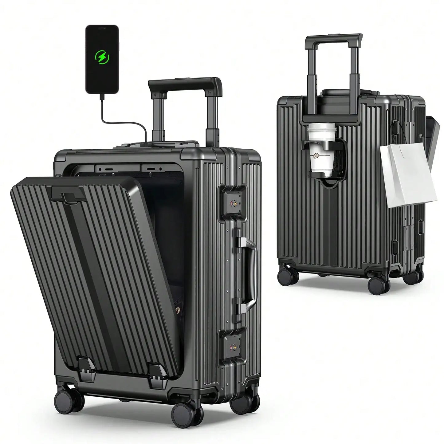 Aluminum Framed Carry On Luggage, Airline Approved 22x14x9" Suitcase with Spinner Wheels, Front Laptop Compartment & Cup Holder