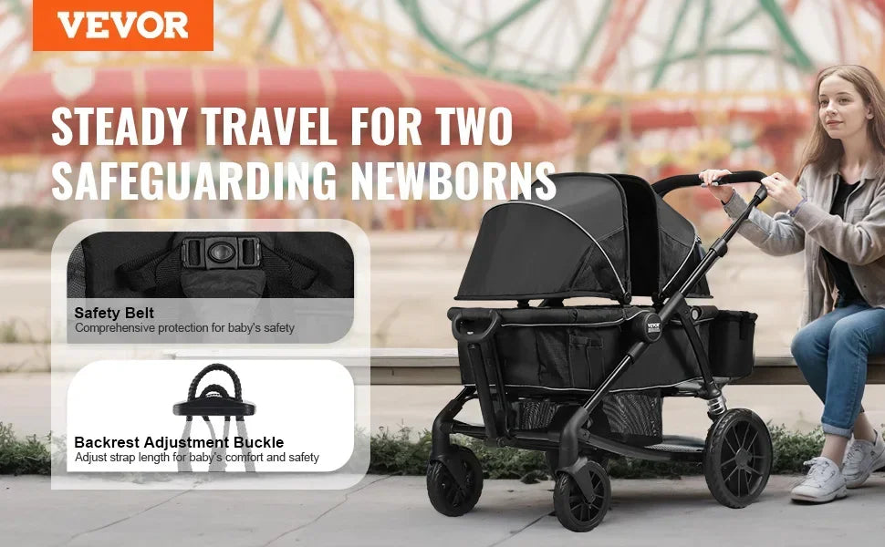 All-Terrain Stroller Wagon, 2 Seats Foldable Expedition 2-in-1 Collapsible Wagon Stroller, Includes Canopy, Parent Organizer
