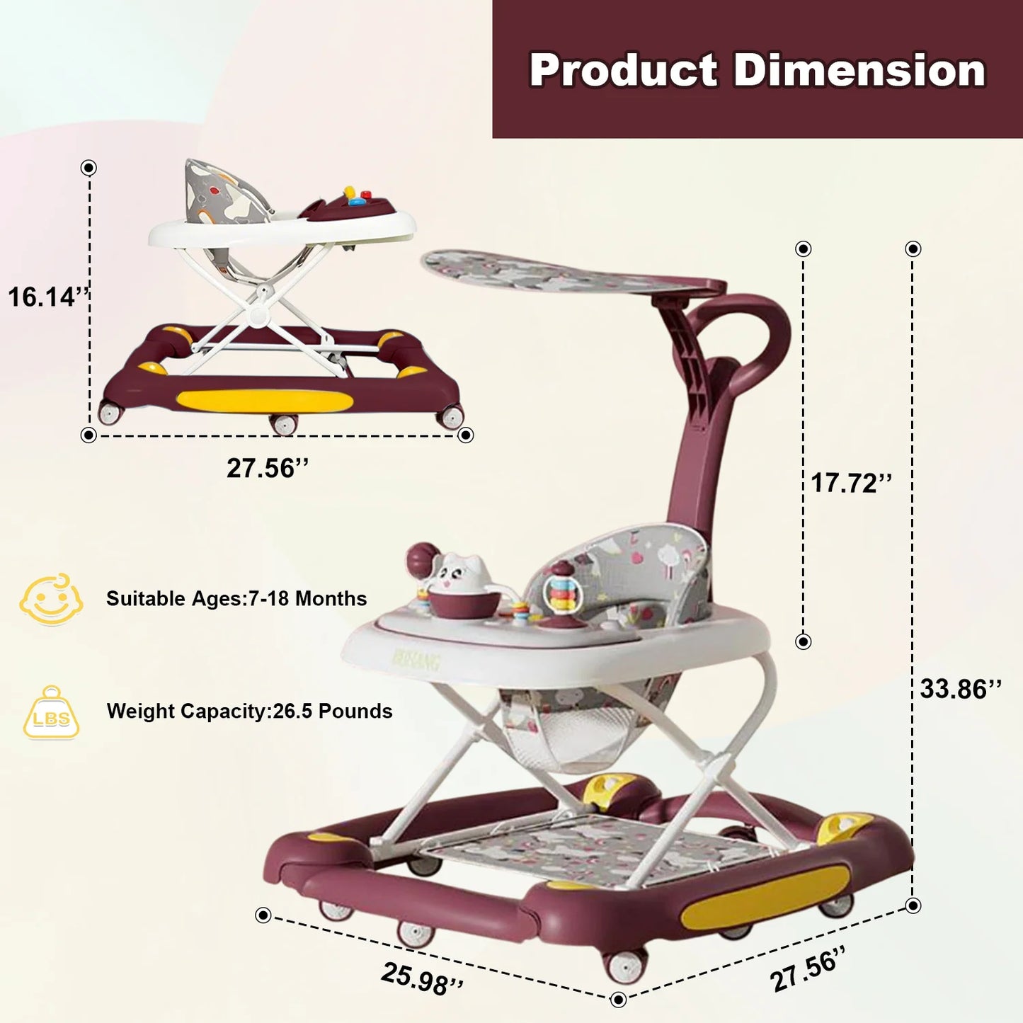 6 in 1 Baby Walker with Music,Lights,Spinning Wheels,Toy Rack,Pusher,Dining Tray For 7 Months Plus Kids Push Walker Antirollover