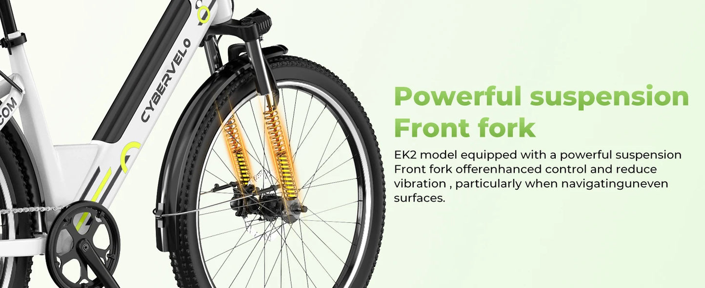 Cybervelo EK2 48V 1000W Peak Motor, Removable Battery 7-Speed Shift Urban Commute EBike, 26" City Ride Long Range Electric Bike