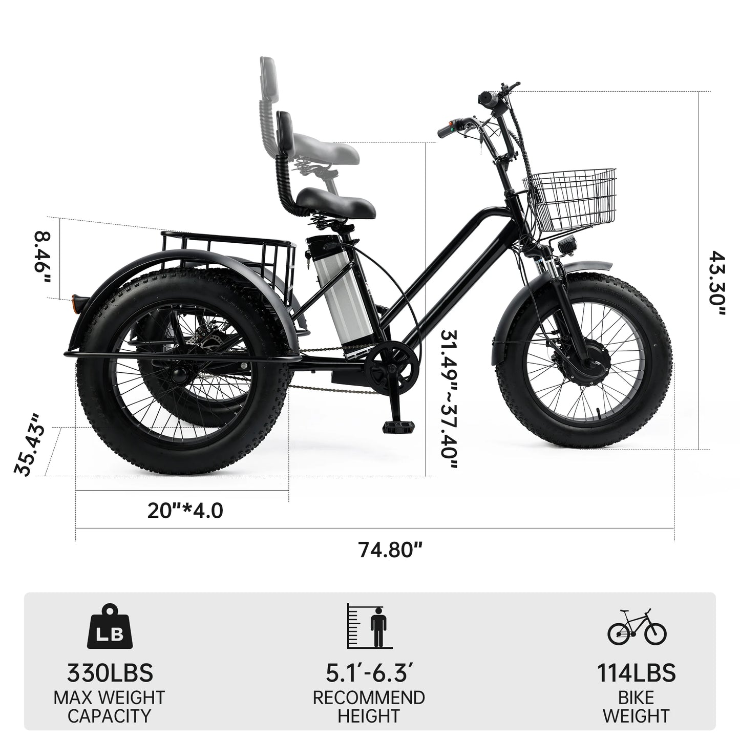 Areyourshop Electric Tricycle with Seat, 500W 48V 13A Electric Snow Bike, 3 Wheel Fat Tire E-bike Tricycle for Farmers Market