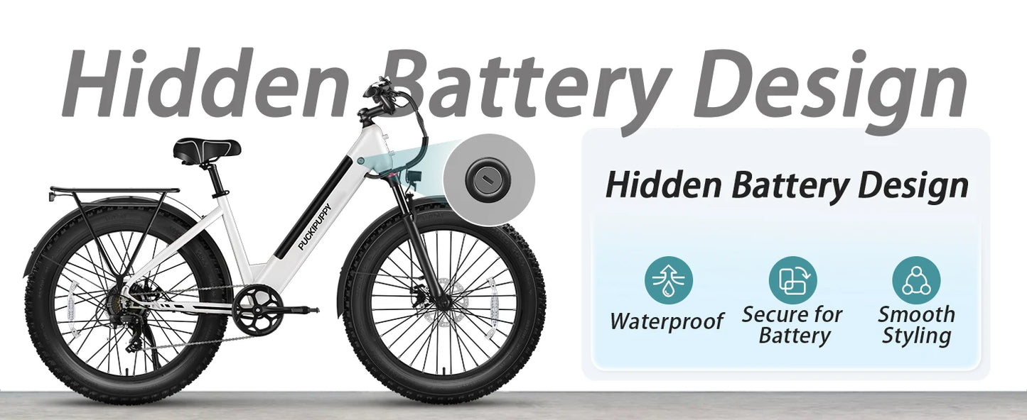 PUCKIPUPPY Electric Bike for Adults 960W Peak 48V 15AH Electric Bicycle 7 Speed All Terrain 26" Fat Tire Front Suspension E-Bike