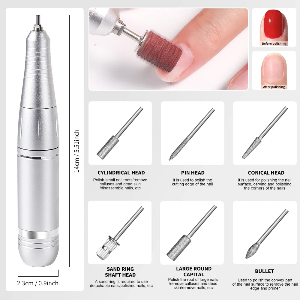 Electric Nail Drill File Professional for Acrylic Gel Dip Powder Nail Portable Machine Kit for Manicure Pedicure Tools Polishing