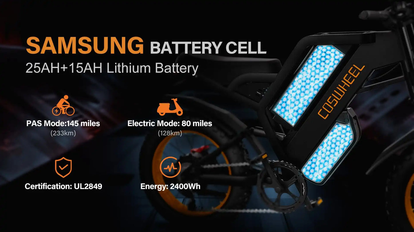 Electric Off-Road Bike COSWHEEL GT20 Max 20" 2000W 40Mph 60V 40AH(25+15) 140Mile 7 Speed Adult Unisex Full Suspension