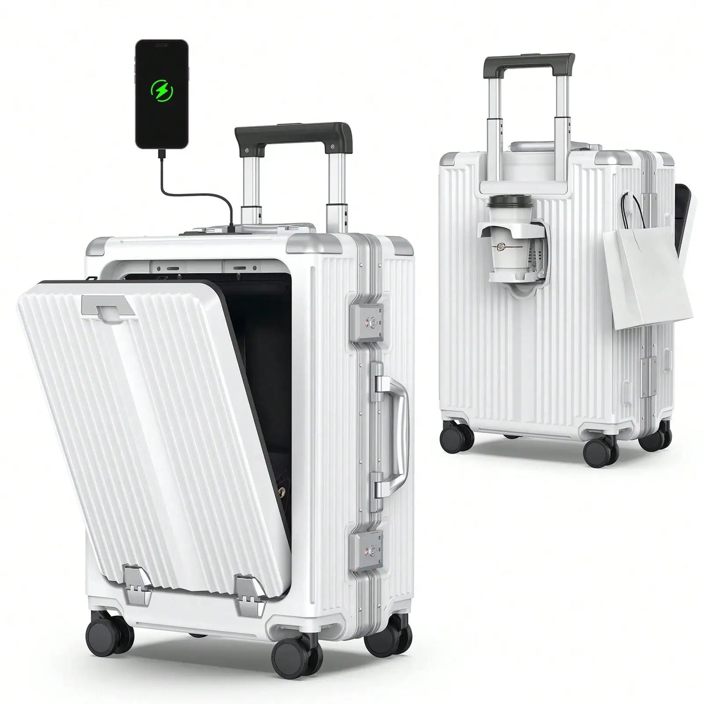 Aluminum Framed Carry On Luggage, Airline Approved 22x14x9" Suitcase with Spinner Wheels, Front Laptop Compartment & Cup Holder