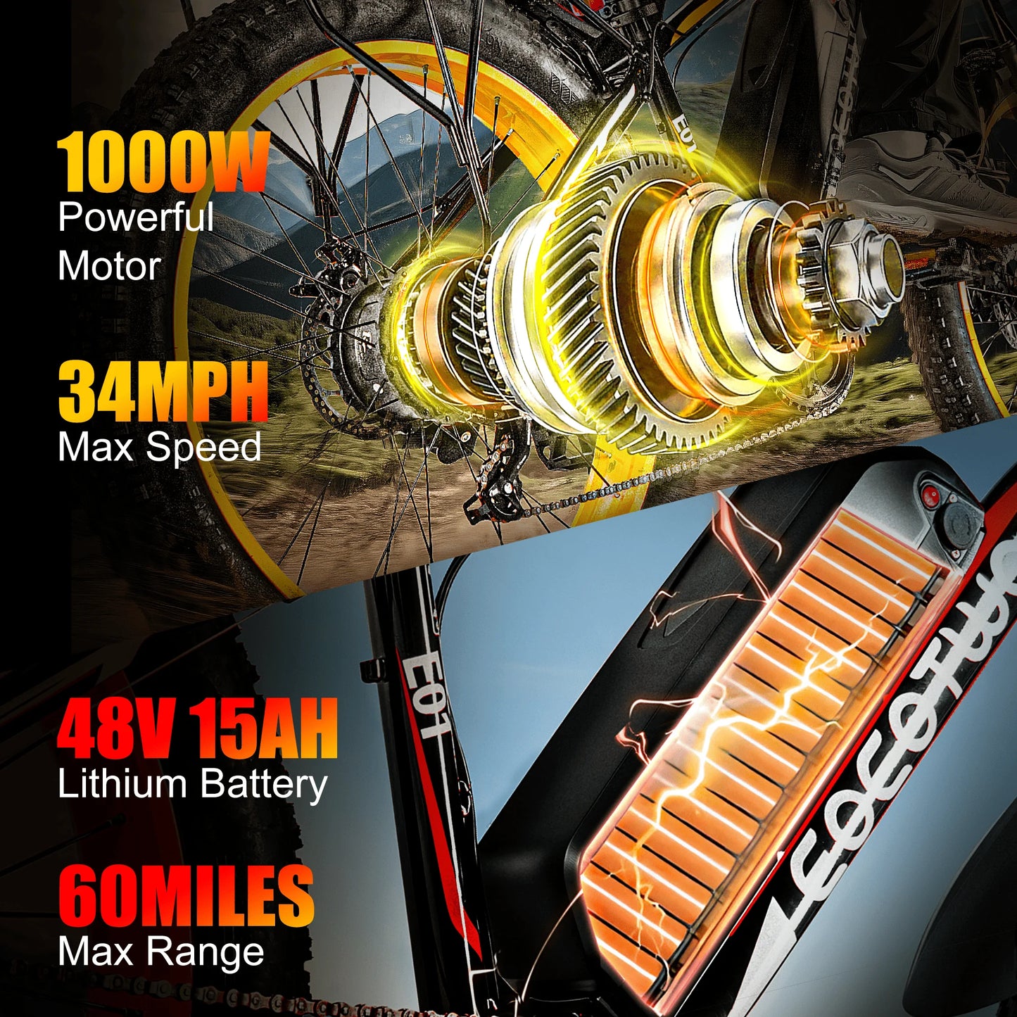 EOEOTWO E01 Electric Bike Adult 26" Fat Tire 1500W Peak Motor Electric Bicycle 34Mph Mountain E Bike 60Mile Range 48V15AH E Bike