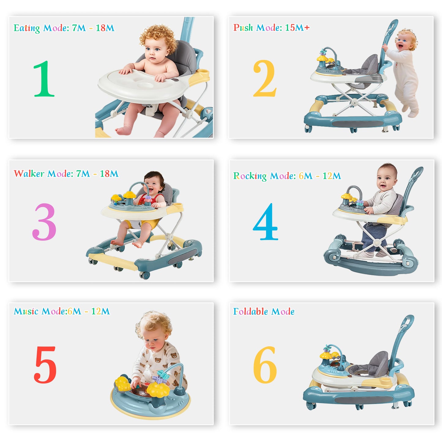 6 in 1 Baby Walker with Music,Lights,Spinning Wheels,Toy Rack,Pusher,Dining Tray For 7 Months Plus Kids Push Walker Antirollover