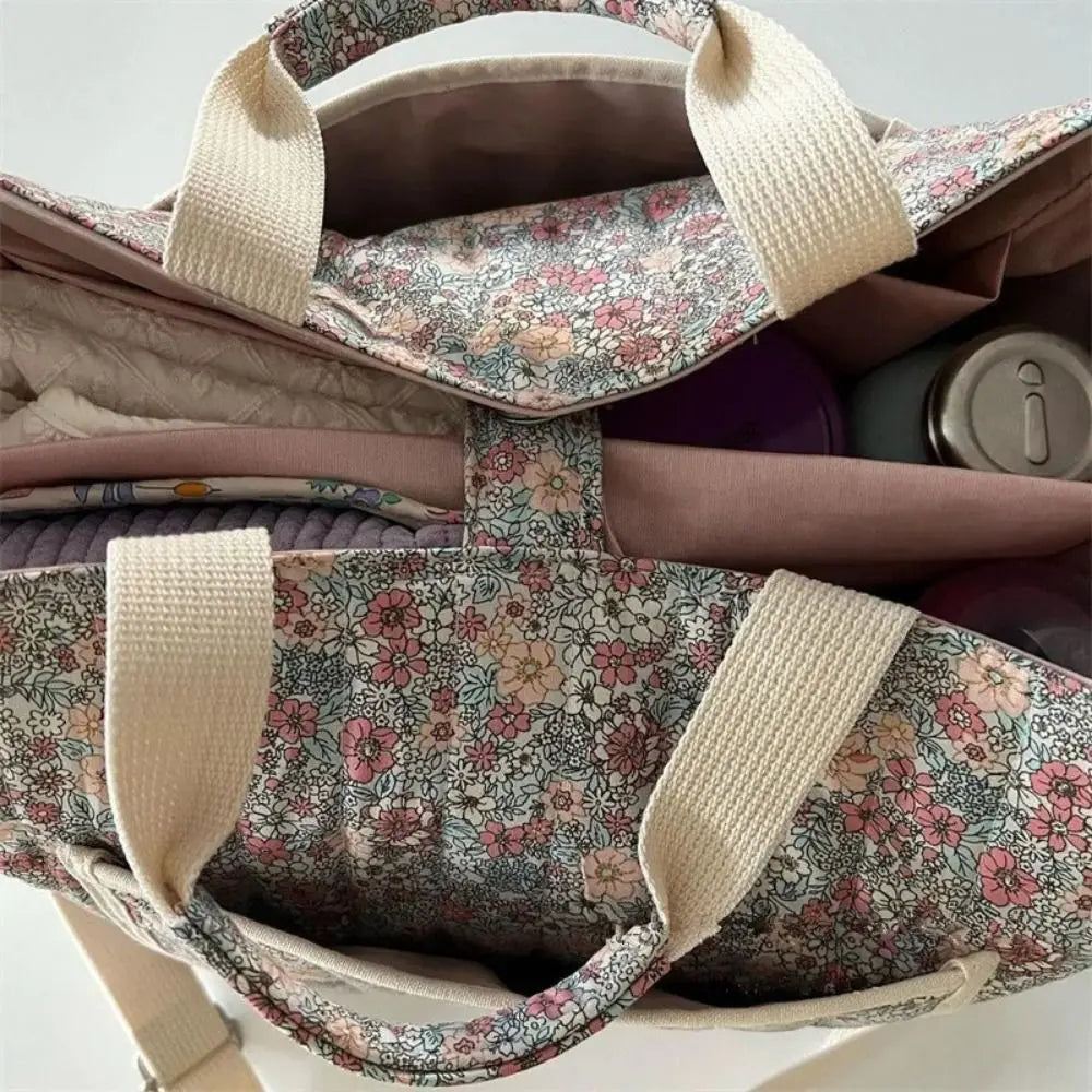 Portable Floral Printing Mummy Baby Bag Multifunctional Large Capacity Storage Bag Cotton Lightweight Crossbody Bag Baby Care