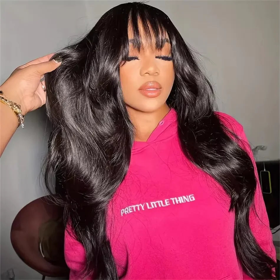 3x1 Lace Middle Part Body Wave Human Hair Wig With Bangs Brazilian Remy Loose Wave Machine Made Fringe Wig For Women on Sale