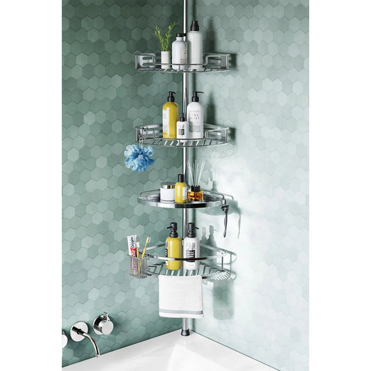 Corner Shower Caddy Tension Pole: Quick Installation 4-Tier Rustproof Bathroom Organizer Shelves for Bathtub Shampoo Storage
