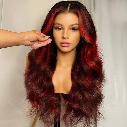 Ombre Red With Blonde Highlights Body Wave 5x5 Glueless Wigs Human Hair Burgundy for Women Pre Plucked 200 Density Colored Wig