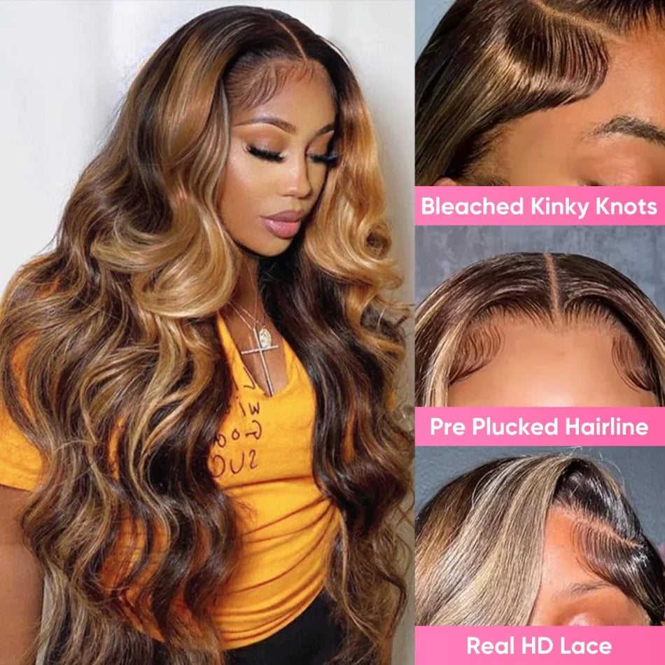 427 Highlight Body Wave Human Hair Wigs 13X6 Hd Lace Frontal Wig 230 Density Brazilian Colored 40 Inch Lace Front Wigs For Women