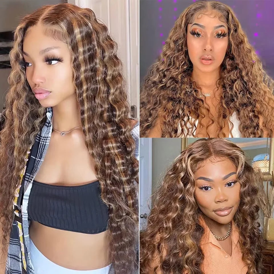 Highlight 30 inch Brown Indian Curly Raw Human Hair Bundles P4/27 Loose Deep Wave Colored Hair Bundles Weave Women Remy Hair