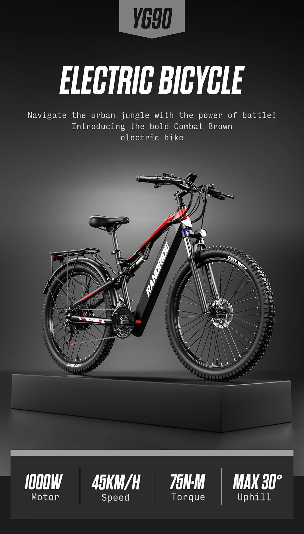 RANDRIDE YG90 1000W Electric Mountain Bike US Stock Fast Delivery 48V 17Ah Full Suspension Hydraulic Brakes E bike