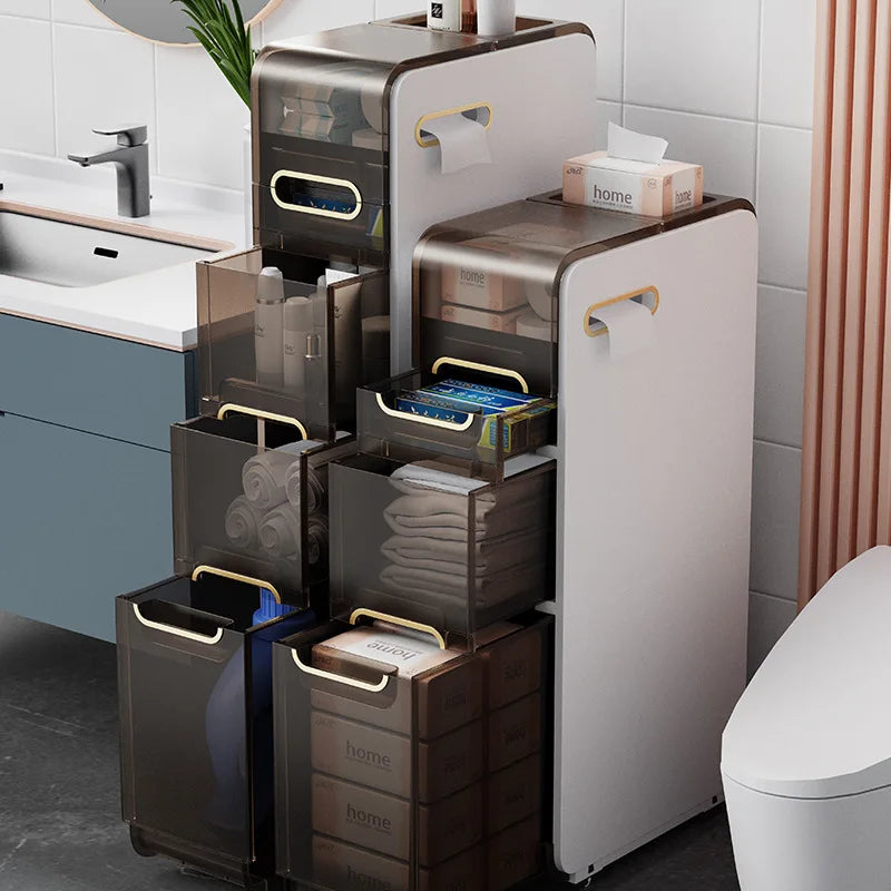 Modern Bathroom Cabinet, PP Toilet Sideboard, Narrow Bathroom Storage Cabinet with 2/3/4 Drawer Storage Floor Shelf