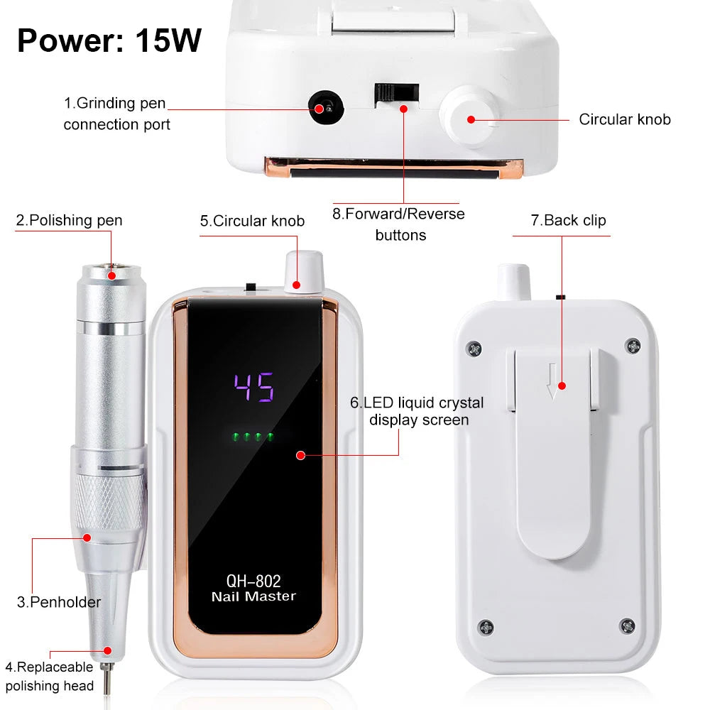 45000RPM Electric Nail Drill File Professional for Acrylic Gel Dip Powder Nails Portable Machine Kit for Manicure Pedicure Tools