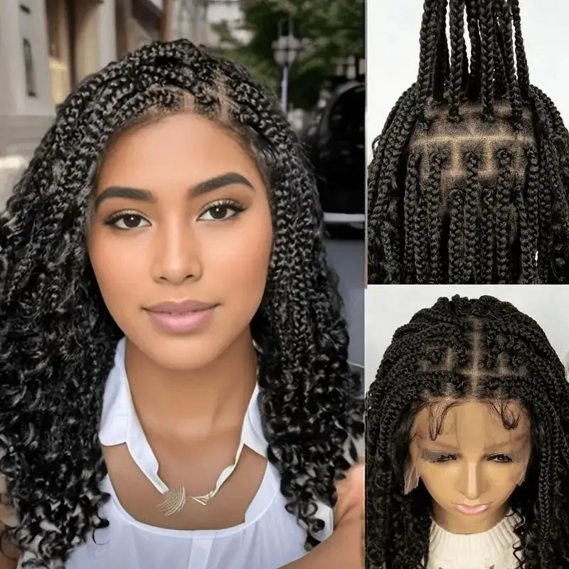 Knotless Box Braided Wigs with Curly Ends Synthetic Full Lace Braided Lace Wigs Short Boho Braided Bob Wigs for Black Women