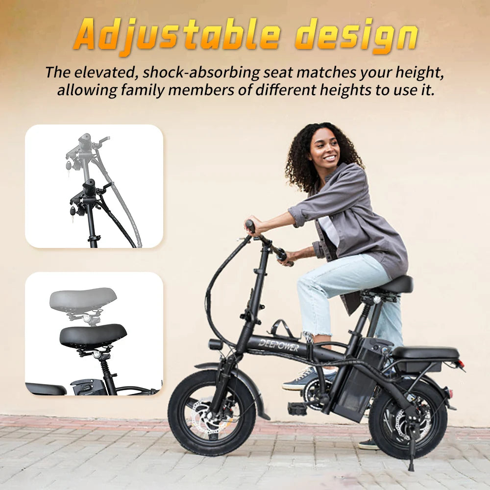 DEEPOWER Electric Bike for Adult 600W Peak Motor, 21MPH Folding Ebike, 14" Electric Bicycles, 3 Levels Assist, Multi-Shock Ebike