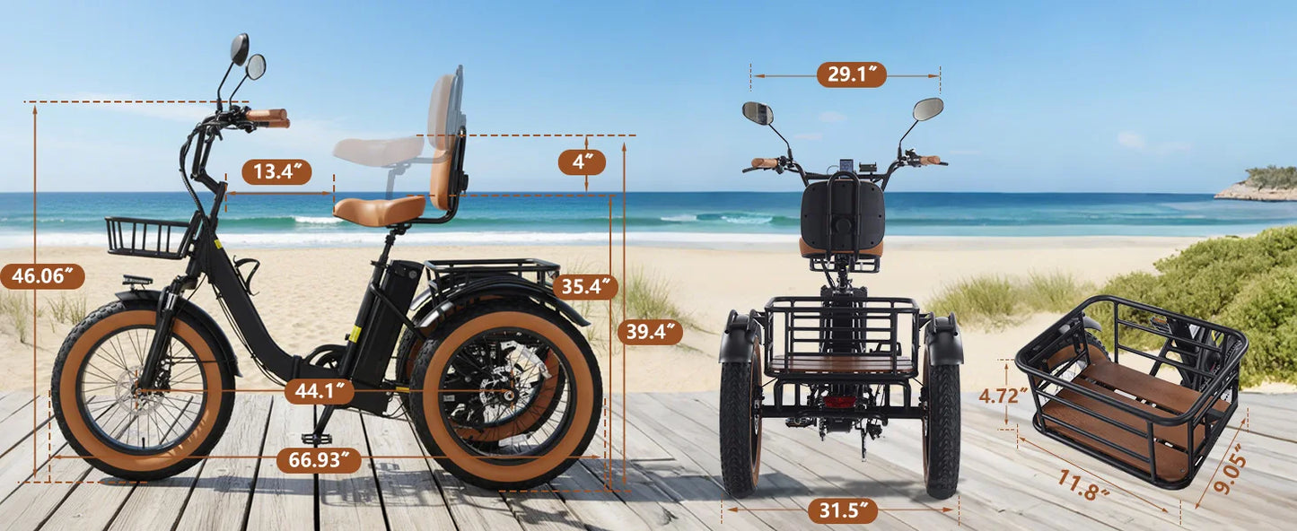 Foldable Electric Tricycle for Adults, Peak 1350W Electric Bicycle with Removable 48V 16Ah Battery