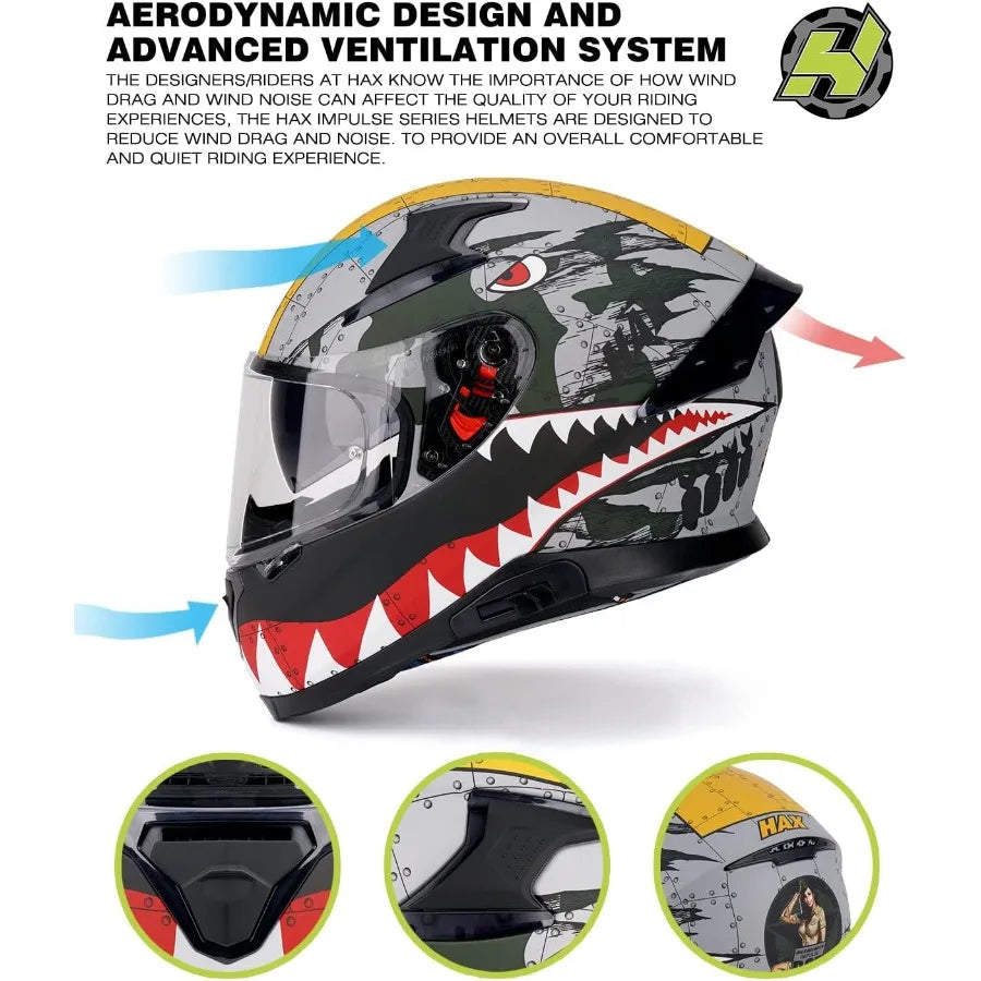 Full face motorcycle helmet designed for adult riders with DOT approval dual rear wing aerodynamics and Pinlockready visor for