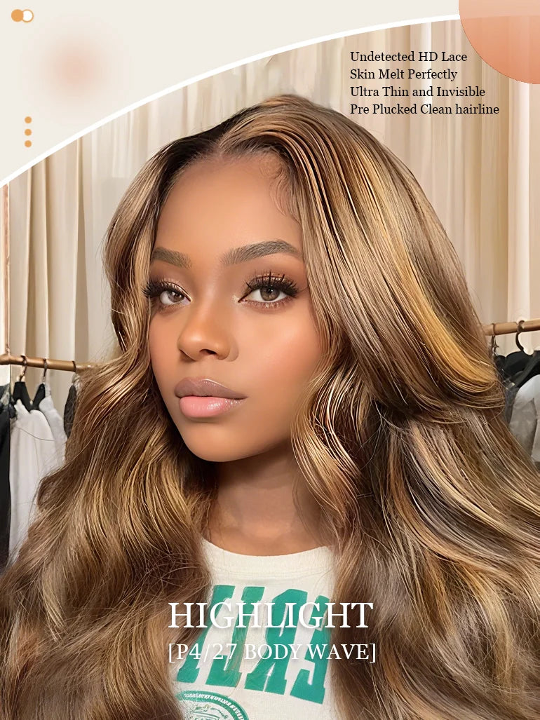 13x6 Lace Frontal Wig body Wave 36 Inch 220% Density P4/27 Highlight HD Transparent Lace Brazilian Human Hair Wigs For Women