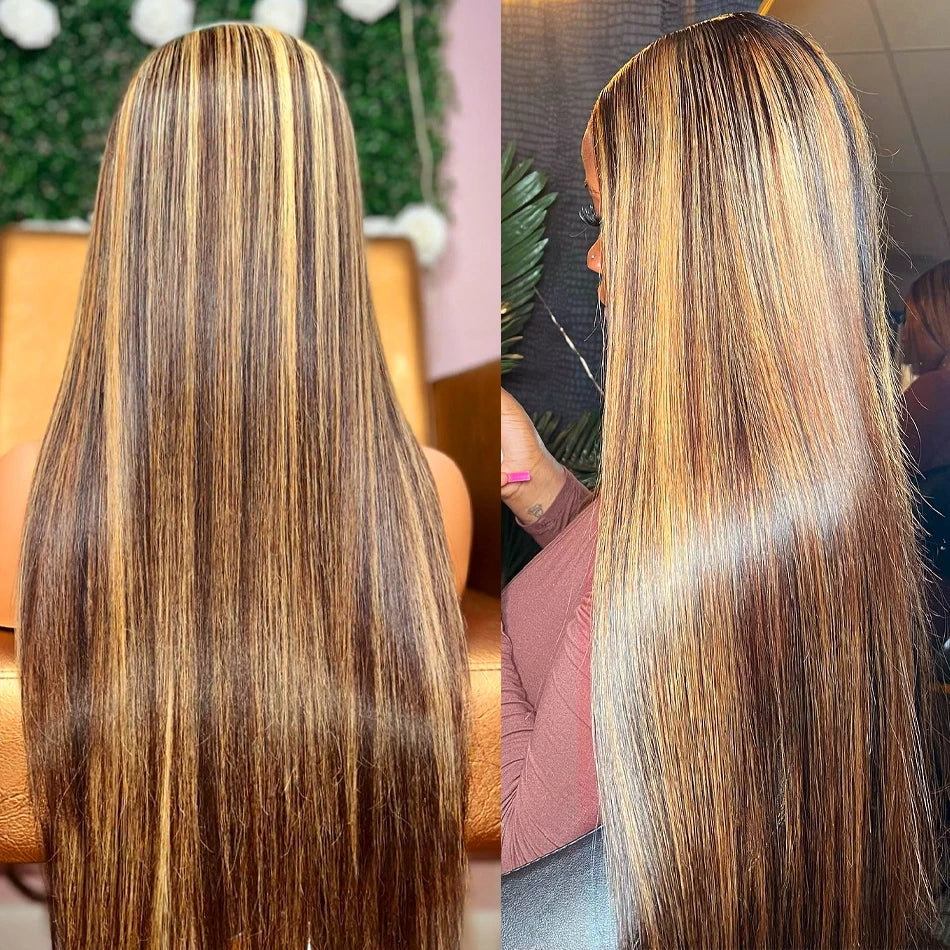 Highlight Glueless Wigs Human Hair Ready To Wear Pre Cut Preplucked Straight 4/27 Ombre 13x6 HD Lace Frontal Wig Human Hair 200%