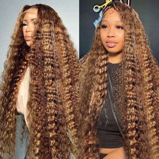 Ombre Highlight Curly Lace Front Human Hair Wigs 250% 13x4 HD Transparent Deep Wave Frontal Wig P4/27 5x5 Gluless Closure Wigs