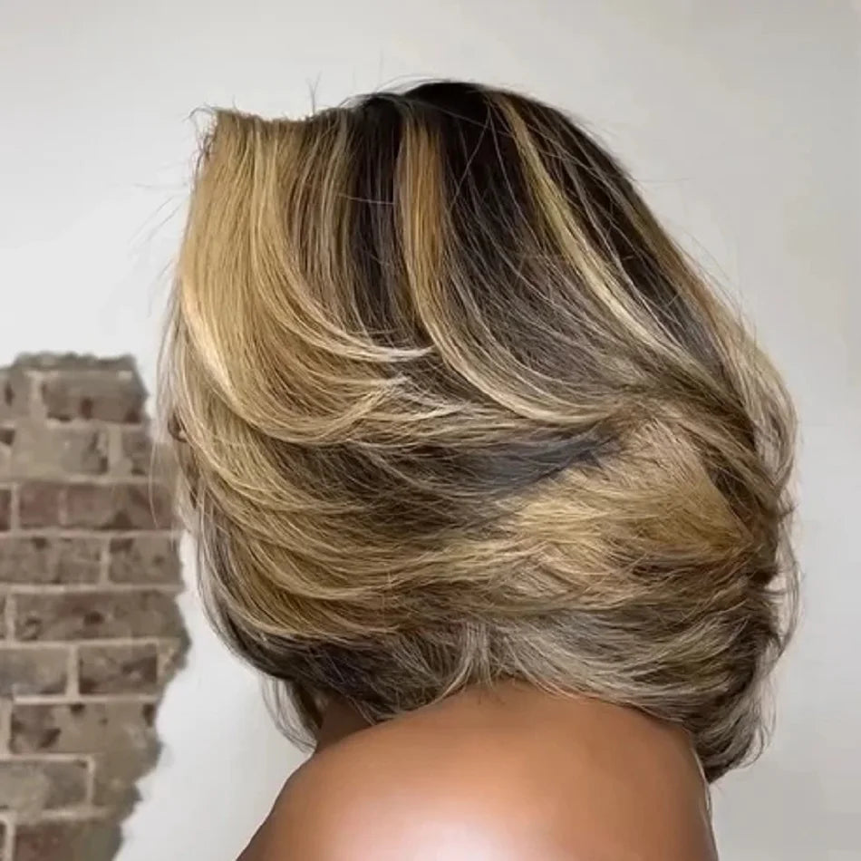 10 12inch Layered Glueless Bob Wigs Human Hair for Black Women Brown Blonde Highlight Layered Cut Bob 5x5 Lace Closure Wig
