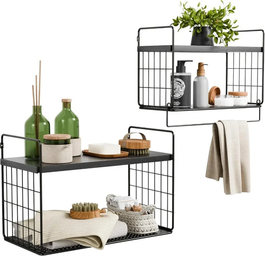 Bathroom Shelves Over Toilet Set of 2, Floating Bathroom Shelves Wall Mounted, Bathroom Shelf with Towel Bar