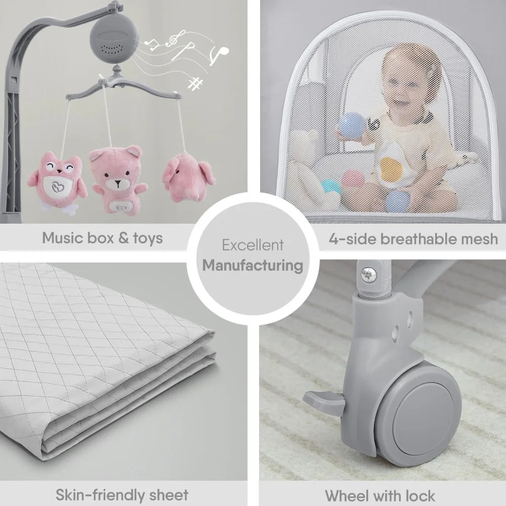 L Baby Bassinet Bedside Crib, Pack and Play with Mattress, Diaper Changer and Playards from Newborn to Toddles, Pink