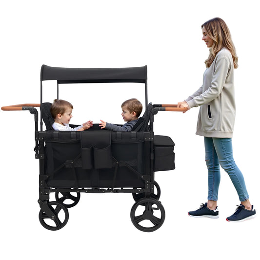 4 Seat Baby Wagon Stroller with Lockable Wheels, Extra Long Foldable Pushchair with Adjustable Handle for Beach/Park