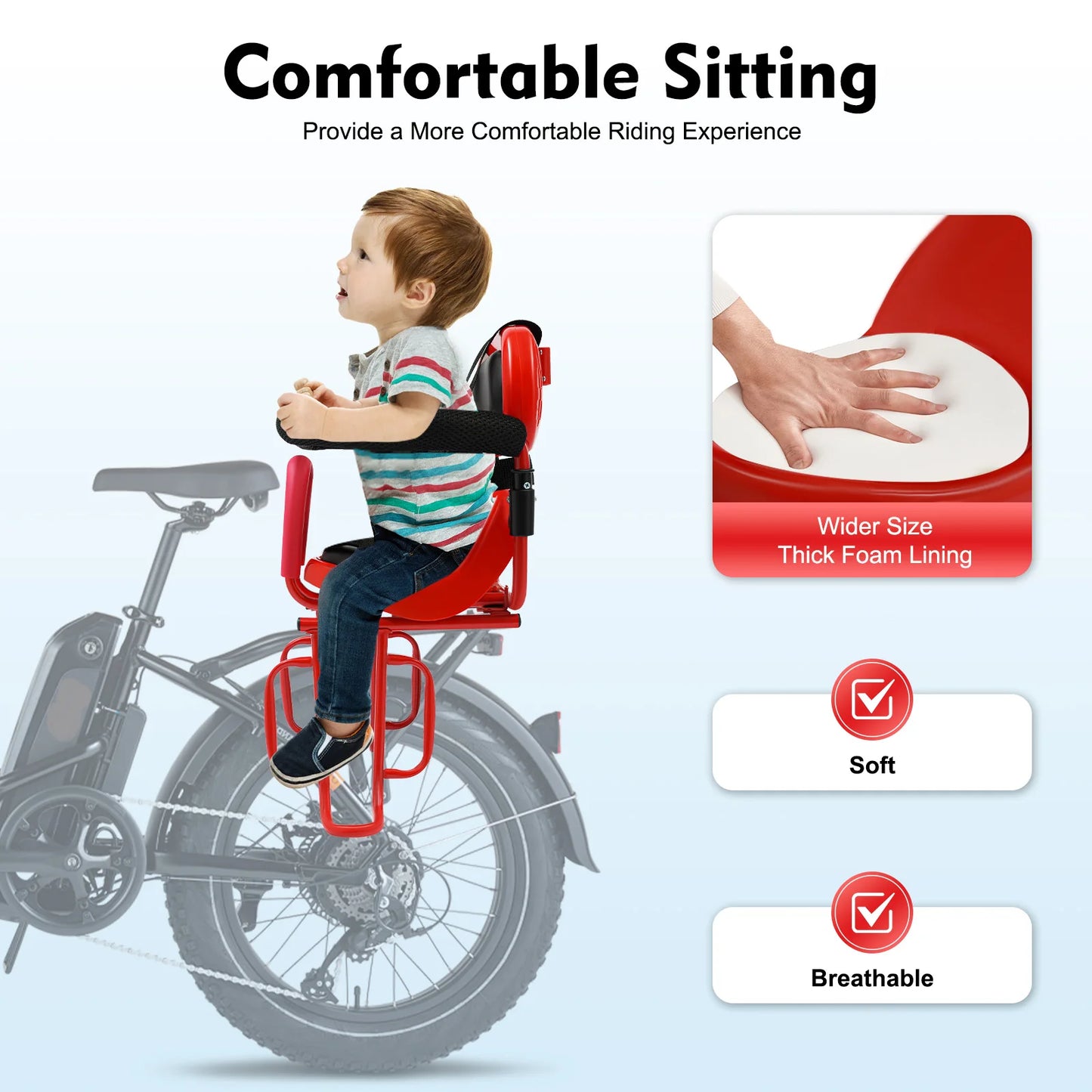 Bike Child Safety Seat Bicycle Child Safety Seat with Safety Fence ,Foot Pedal & Seat Belt, for Baby, Toddler, Child, Universal