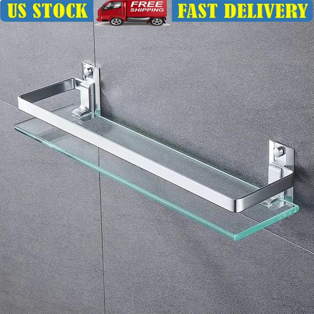 Tempered Glass Shelf Wall Mounted Rustproof Aluminum Storage Organizer Bathroom Kitchen Living Room Heavy Duty 11lbs Capacity