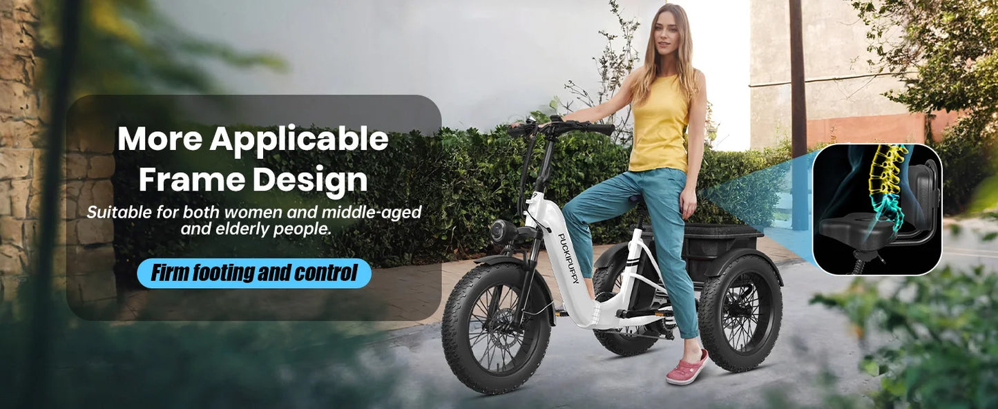 PUCKIPUPPY Electric Tricycle for Adult with 960W Peak Motor 60 Miles Range Pickup Class Trike 500 Lbs Load Electric Trike