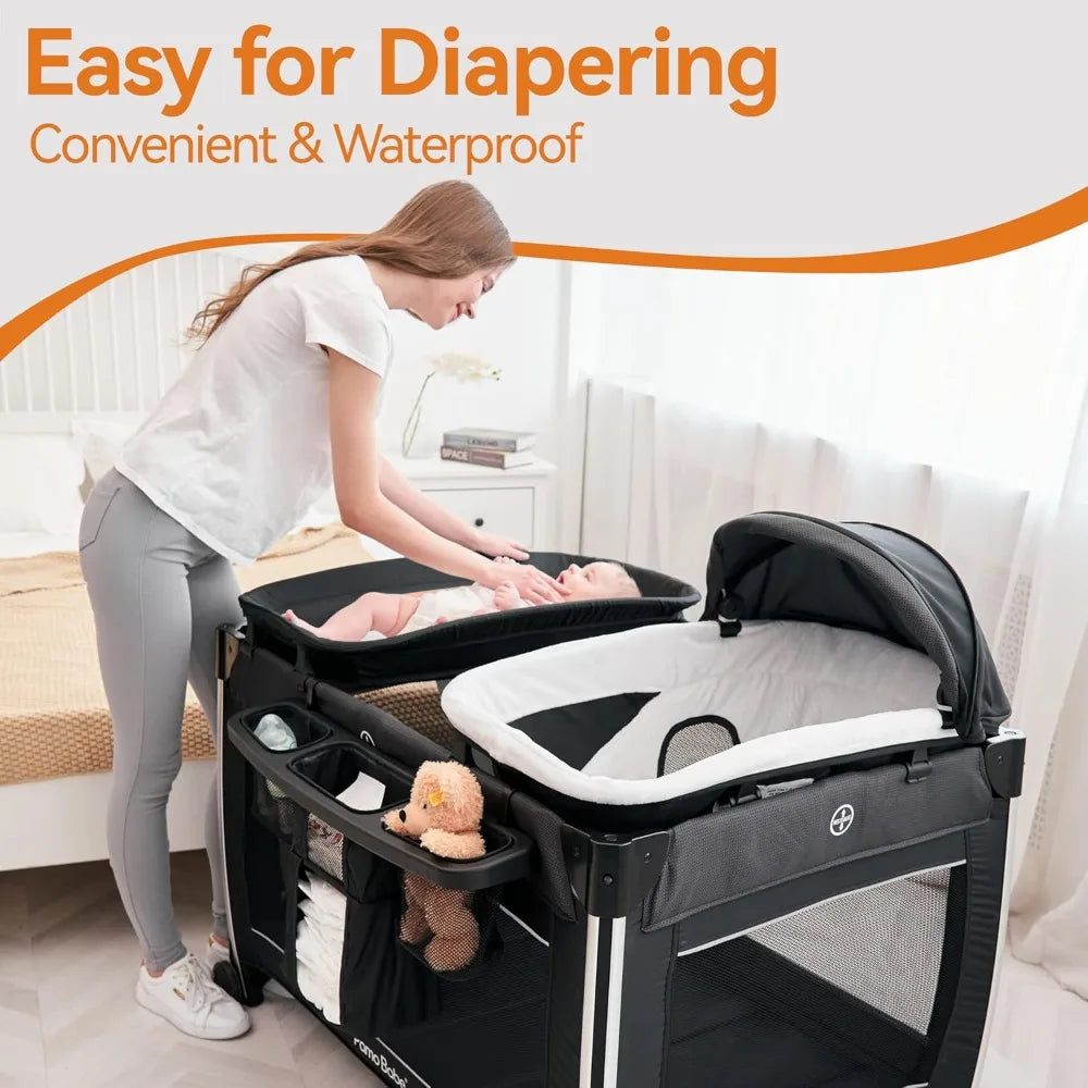 Free Delivery - 4 in 1 Baby Playards with Bassinet & Changing Table, Portable Crib Breathable Mesh and Toy Mobile
